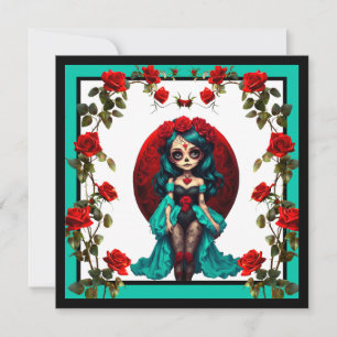 Aquamarine und Rote Rosen Zuckerschädel Feiertagskarte