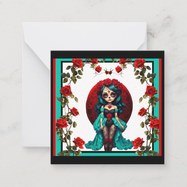 Aquamarine und Rote Rosen Zuckerschädel Mitteilungskarte (Vorderseite)