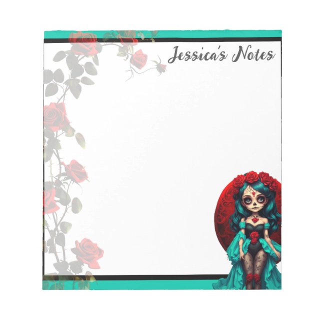 Aquamarine und Rote Rosen Zuckerschädel Notizblock (Vorderseite)