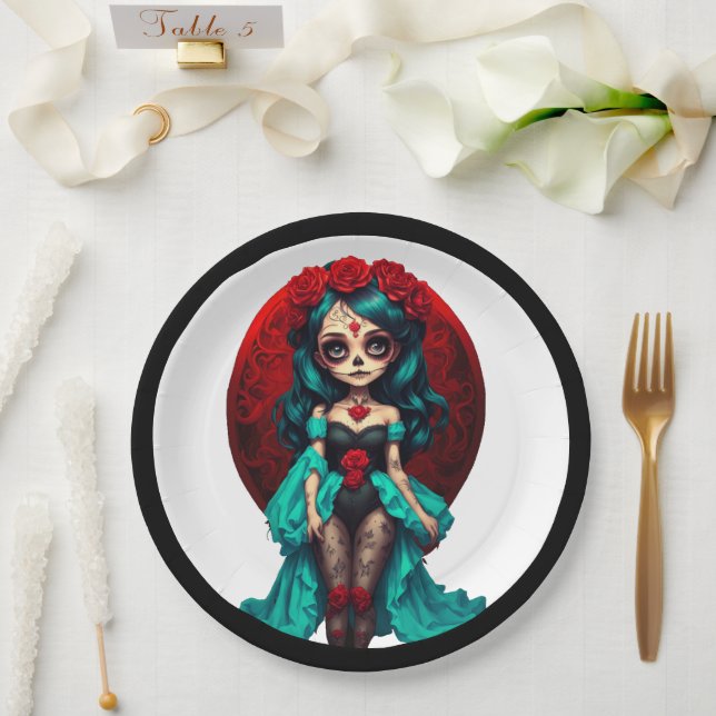 Aquamarine und Rote Rosen Zuckerschädel Pappteller (Hochzeit)