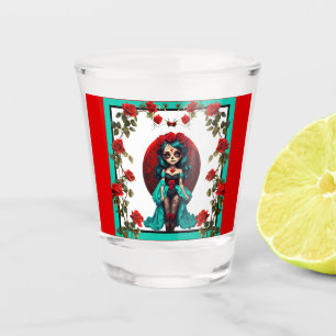 Aquamarine und Rote Rosen Zuckerschädel Schnapsglas