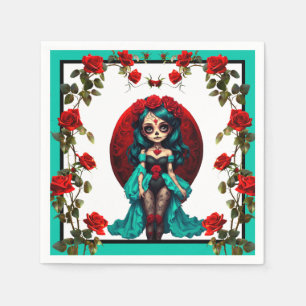 Aquamarine und Rote Rosen Zuckerschädel Serviette