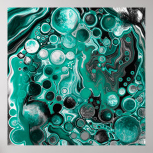Aquamarine und schwarze Blasen Digitale Fluid Art  Poster