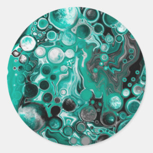 Aquamarine und schwarze Blasen Digitale Fluid Art  Runder Aufkleber