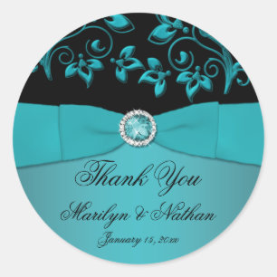 Aquamarine und schwarze Flora 3" Runde Dankeschön Runder Aufkleber