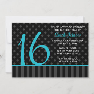 Aquamarine und schwarze Polka Dot Stripes Sweet 16 Einladung