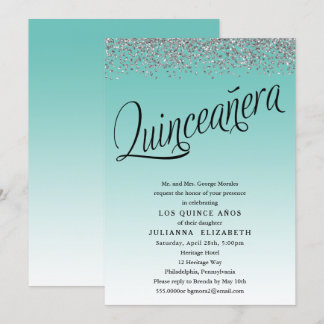 Aquamarine und silberne Quinceanera Geburtstagsein Einladung