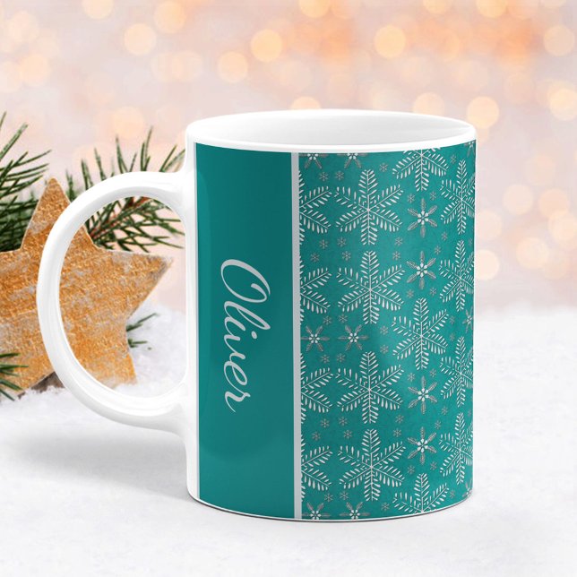 Aquamarine und Silberschneeflocken Weihnachts-Tass Kaffeetasse (Von Creator hochgeladen)