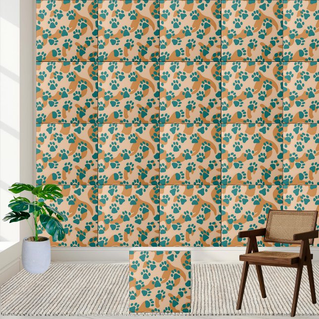 Aquamarine und Tan Paw Print Pattern Tile Fliese (Teal and Tan Paw Print Pattern Tile)