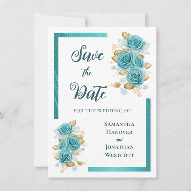 Aquamarine und türkisfarbene Rose Save the Date El (Vorderseite)