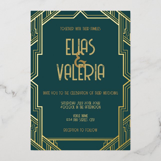 Aquamarine und Tuxedos Foil Wedding Einladung (Vorderseite)