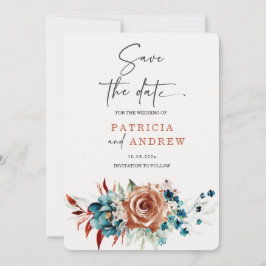 Aquamarine und verbrannte Orange Hochzeit Speicher Einladung