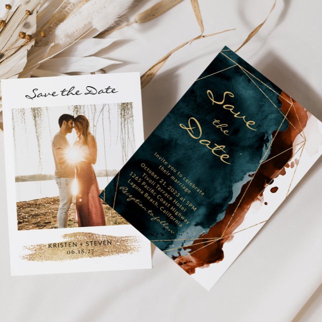 Aquamarine und verbrannte Orange-Wasserfarbe Save  Save The Date (Von Creator hochgeladen)