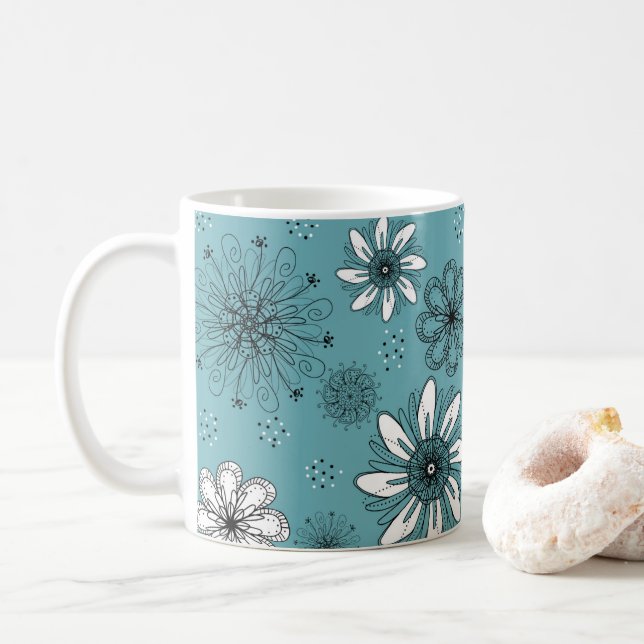 Aquamarine und weiße Daisy Pen und Tintenzeichnung Kaffeetasse (Mit Donut)