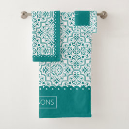 Aquamarine und weiße Damastmuster, gerollte Ränder Badhandtuch Set