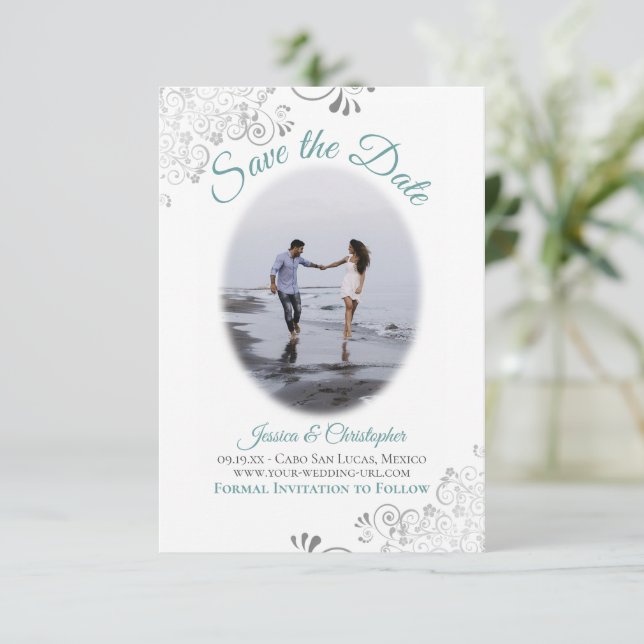 Aquamarine und weiße Elegante Hochzeit Oval Foto Save The Date (Stehend Vorderseite)