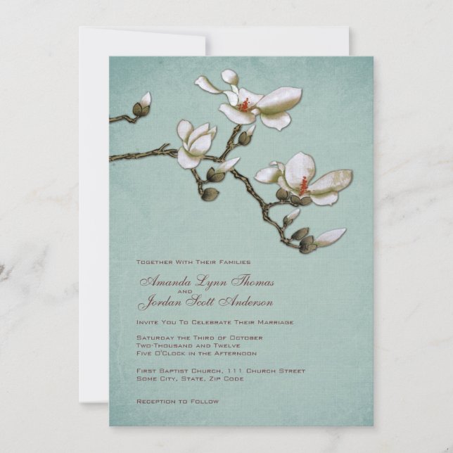Aquamarine und weiße Magnolia Hochzeit Einladung (Vorderseite)