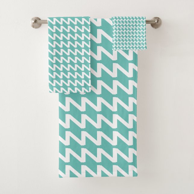Aquamarine und weiße moderne Sharp Waves Badhandtuch Set (Insitu)
