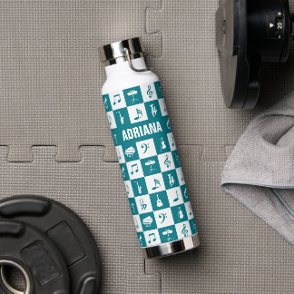 Aquamarine und weiße Musiknoten und Instrumente Trinkflasche