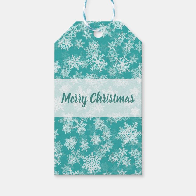 Aquamarine und weiße Schneeflocken Winterwonderlan Geschenkanhänger (Vorderseite)