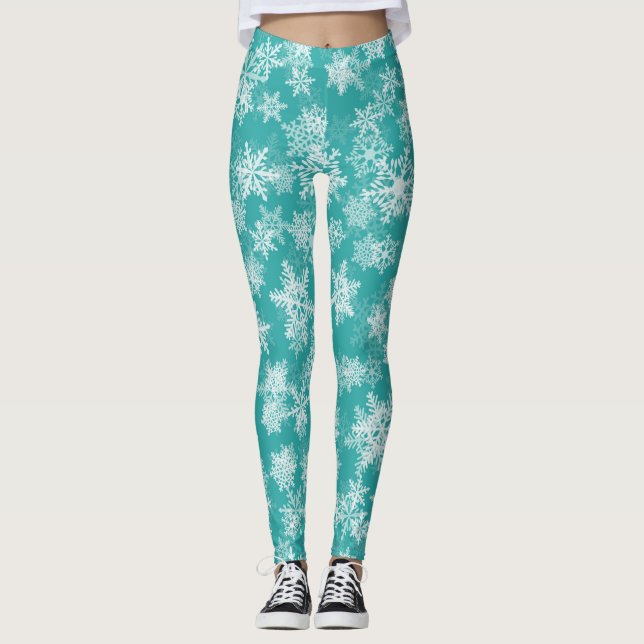 Aquamarine und weiße Schneeflocken Winterwonderlan Leggings (Vorderseite)