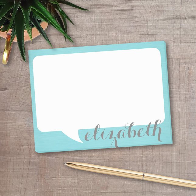 Aquamarine und weiße Talk-Blase mit Skriptname Post-it Klebezettel (Personalized post-it notes with a monogram and contact information - low quantity available)