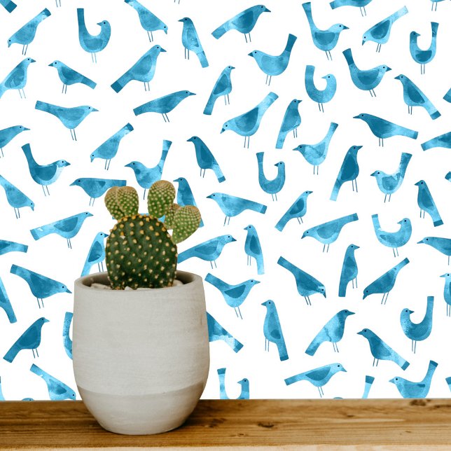 Aquamarine und weiße Vögel Wasserfarben Kunst Tapete (Teal blue green and white watercolor bird pattern wallpaper)