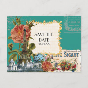 Aquamarine Vintage Eiffel-Turm-Rosen-Save the Date Ankündigungspostkarte