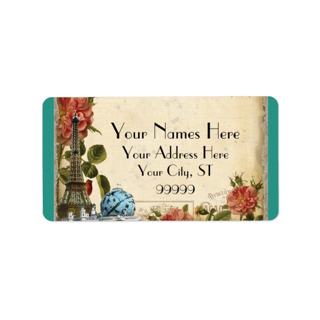 Aquamarine Vintage Eiffelturm-Rose: passende Adres Adressaufkleber (Vorne)