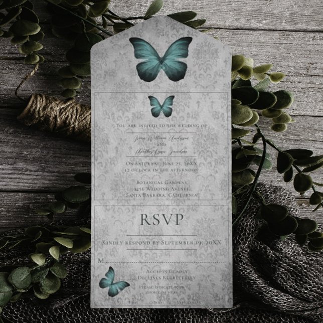 Aquamarine Vintage Schmetterlingsmaske All In One Einladung (Teal Vintage Butterfly Damask Wedding All in One Invitation)