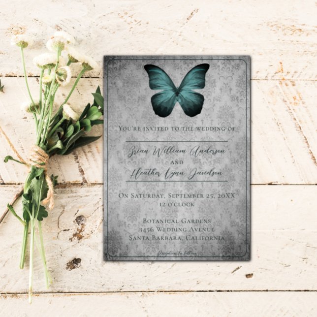 Aquamarine Vintage Schmetterlingsmaske Einladung (Teal Vintage Butterfly Damask Wedding Invitation)