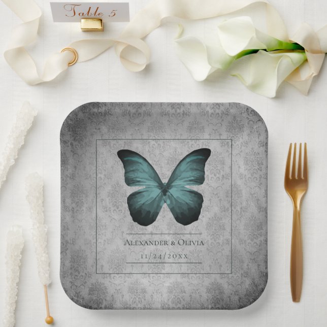 Aquamarine Vintage Schmetterlingsmaske Pappteller (Hochzeit)
