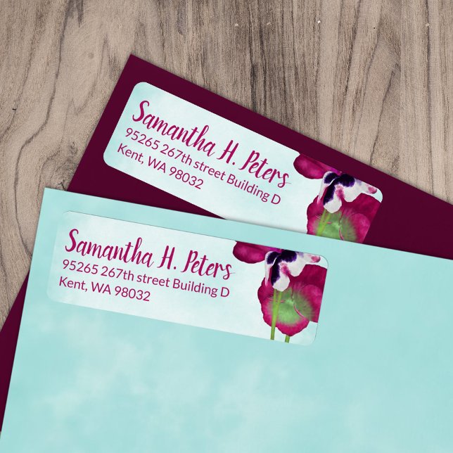 Aquamarine, Violett Stiefmütterchen Rücksendeadres (magenta pink berry turquoise pansy flowers wedding invitation address label, mailing return address)
