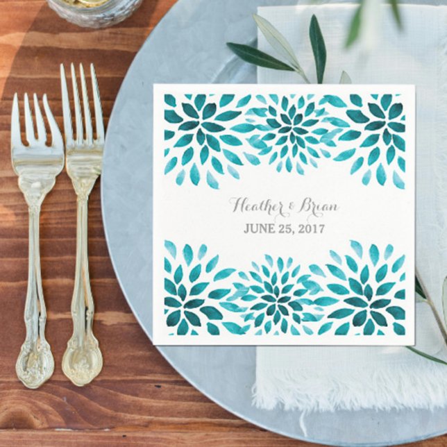Aquamarine Wasserfarbe Chrysanthemum Papier Napkin Serviette (Teal Watercolor Chrysanthemum Wedding Paper Napkins)