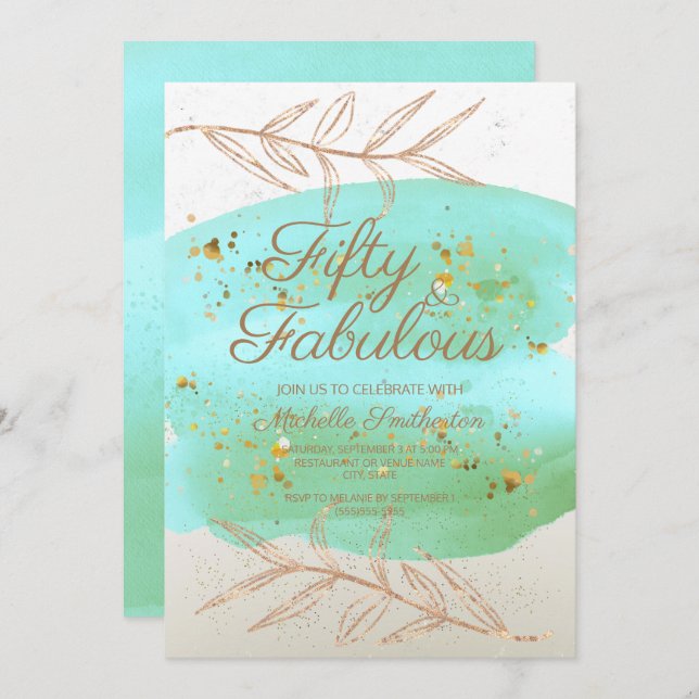 Aquamarine Wasserfarbe Elfenbein und Goldstaub 50. Einladung (Vorne/Hinten)
