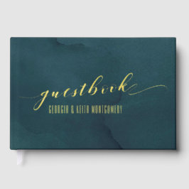 Aquamarine Wasserfarbe Gold Script Hochzeit Gästebuch
