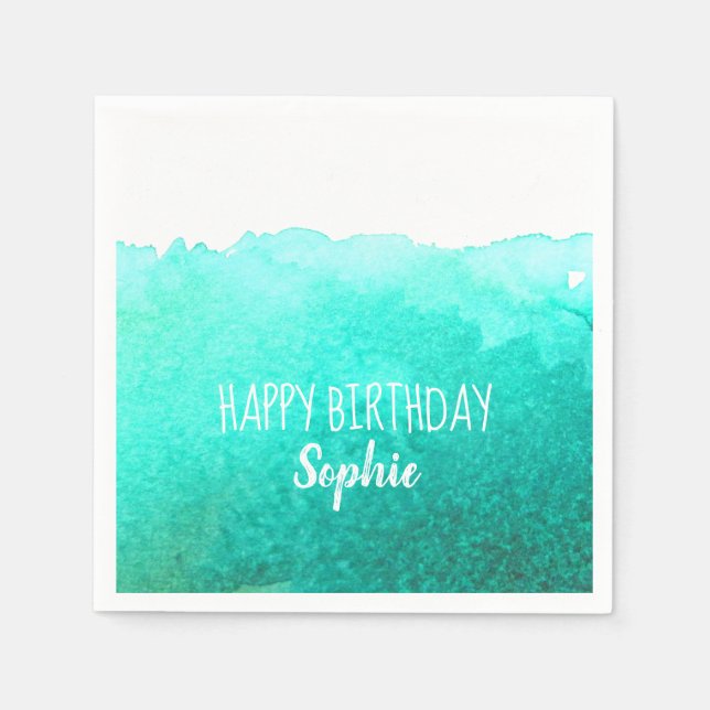 Aquamarine Wasserfarbe niedlich Happy Birthday per Serviette (Vorderseite)