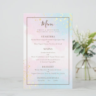 Aquamarine Wasserfarben-Hochzeitsmenü mit dem Budg