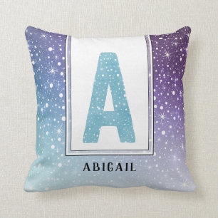 Aquamarine Wasserfarben-Monogram-Galaxie Lila Schn Kissen