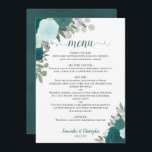 Aquamarine Wasserfarbenflora Menükarte<br><div class="desc">Dieses wunderschöne Hochzeitsmenü bietet ein rustikales, schicke Blumendesign mit kalligraphischen Schriftzeichen und handbemalten Aquarellfarben-Rose in aquamarinen, türkisfarbenen, aqua- und cyan-Tönen. Der Text ist vollständig anpassbar mit Platz für den Namen und das Hochzeitstag des Paares. Elegant, stilvoll und schick, ist diese Karte eine großartige Möglichkeit, um Ihrem Hochzeitsempfang Klasse und Stil...</div>