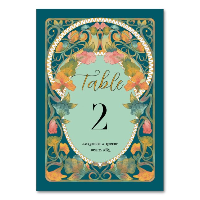 Aquamarine Wasserfarbenfreude Jugendstil-Hochzeit Tischnummer (Vorderseite)