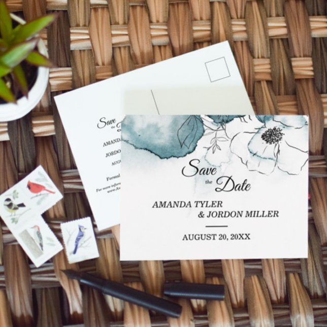Aquamarine Wasserfarbensenkung Hochzeit Sichern Si Ankündigungspostkarte (Von Creator hochgeladen)