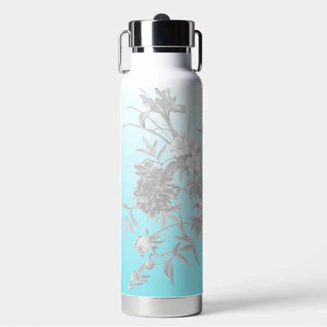 Aquamarine Wasserflasche mit Name und Blume Trinkflasche (Vorderseite)