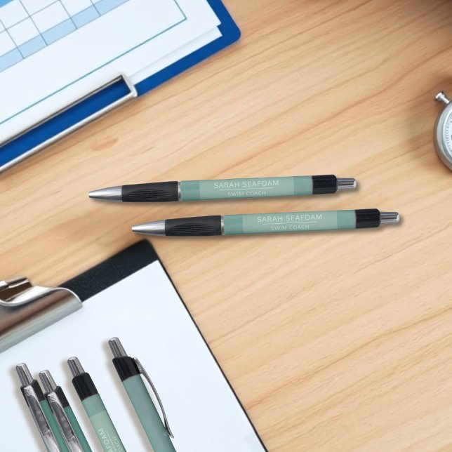 Aquamarine Watercolor Waves Moderner Swim Coach Pe Kugelschreiber (Add your name and profession to these cute teal pens)