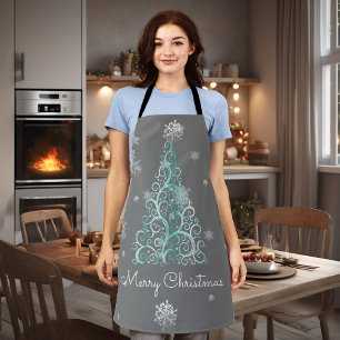 Aquamarine Weihnachtsbaum- und Schneeflocken-Schür Schürze