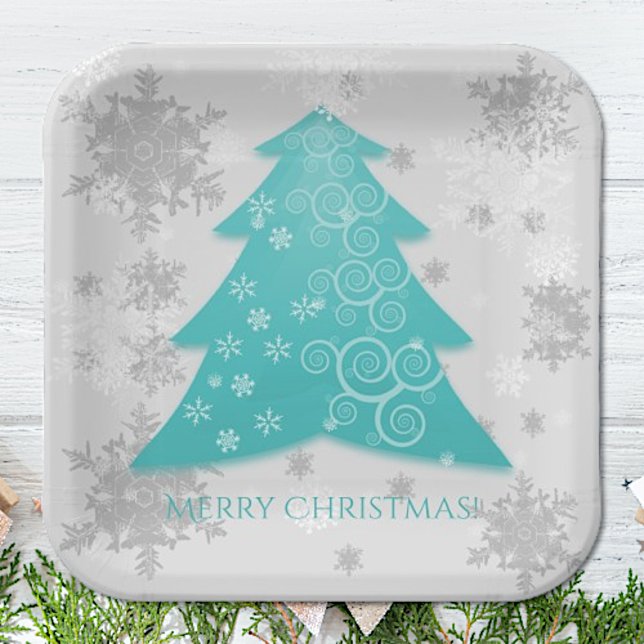 Aquamarine Weihnachtsbaumplatte Pappteller (Teal Festive Christmas Tree Paper Plates)