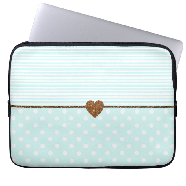Aquamarine weiße Punkte stripes Laptopschutzhülle (Vorderseite)