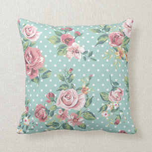 Aquamarine weiße rosa mit Blumenpolka des Vintage Kissen
