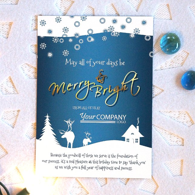 Aquamarine, weiße Schneeflocken und Reindee, Firme Einladung (Festive modern company logo, teal blue and gold script writing Christmas holiday cards)