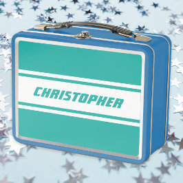 Aquamarine weiße Streifen Monogram Kids Boys Blau Metall Brotdose